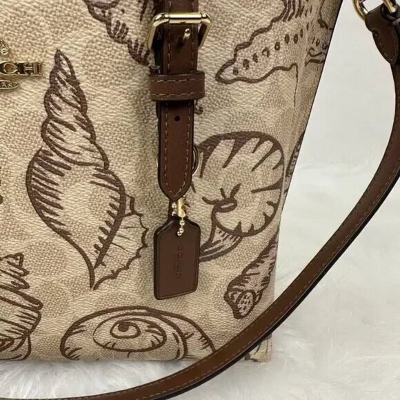 City Mini Tote Bag In Signature Canvas With Shell Print Crossbody Purse Beach - Picture 5 of 6